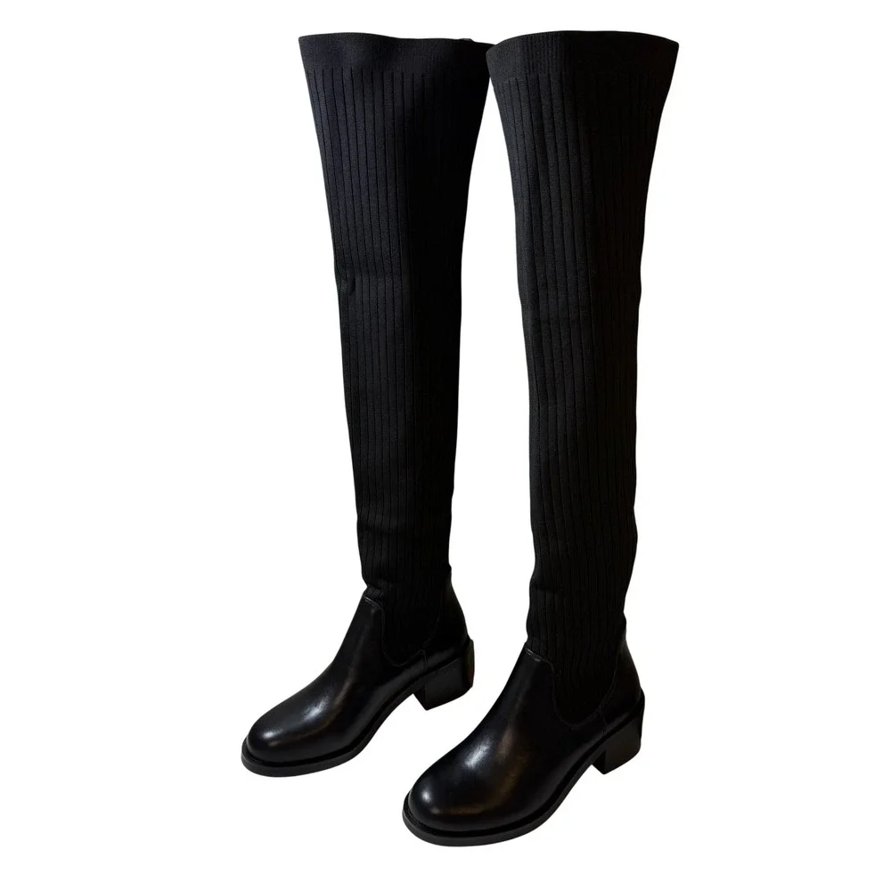 Current Mood Gia Black Thigh High Knit Sock Boots Block Heel Size 8 New in Box